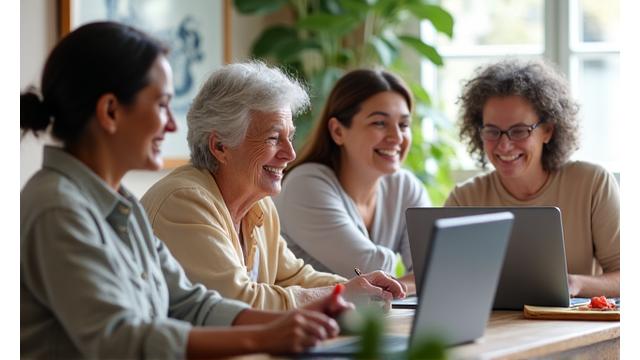 Participanți la un workshop online interactiv, zâmbitori, în jurul unui ecran cu grafice de wellness.