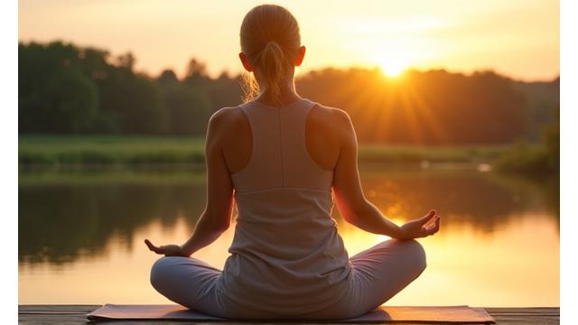 O persoană meditând la răsărit, cu lumina caldă inundând peisajul, simbolizând pacea interioară și echilibrul.