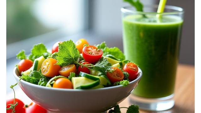 O salată proaspătă și un smoothie verde, simbolizând nutriția echilibrată și vitalitatea.