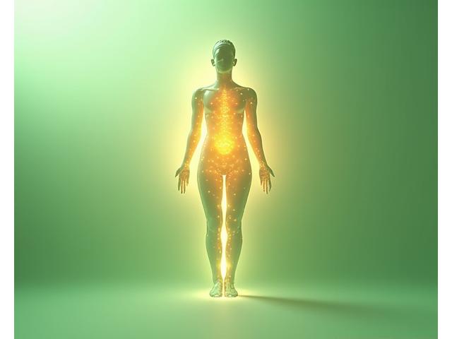 O siluetă umană stilizată, cu puncte luminoase interconectate reprezentând chakrele sau centrele energetice, pe un fundal armonios și fluid, simbolizând conștientizarea corporală holistică.