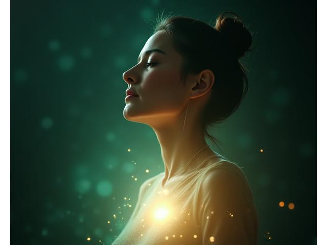 O persoană cu ochii închiși, concentrată pe respirație, cu o lumină subtilă și abstractă care îi reprezintă fluxul de energie, într-un cadru calm și profund.