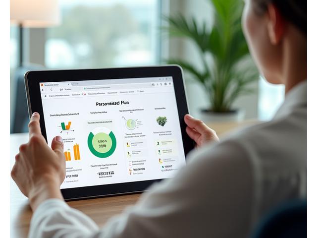 O persoană interacționând cu o interfață digitală (tabletă sau laptop) plină de grafice cu date personalizate de sănătate, simbolizând o evaluare wellness personalizată.