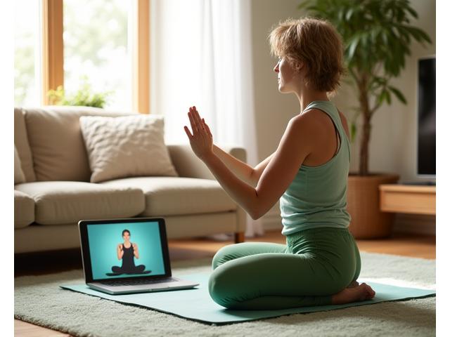 O femeie practicând o postură de yoga simplă, într-un mediu minimalist și senin, cu un ecran de tabletă în fundal afișând o clasă online, simbolizând yoga digitală.