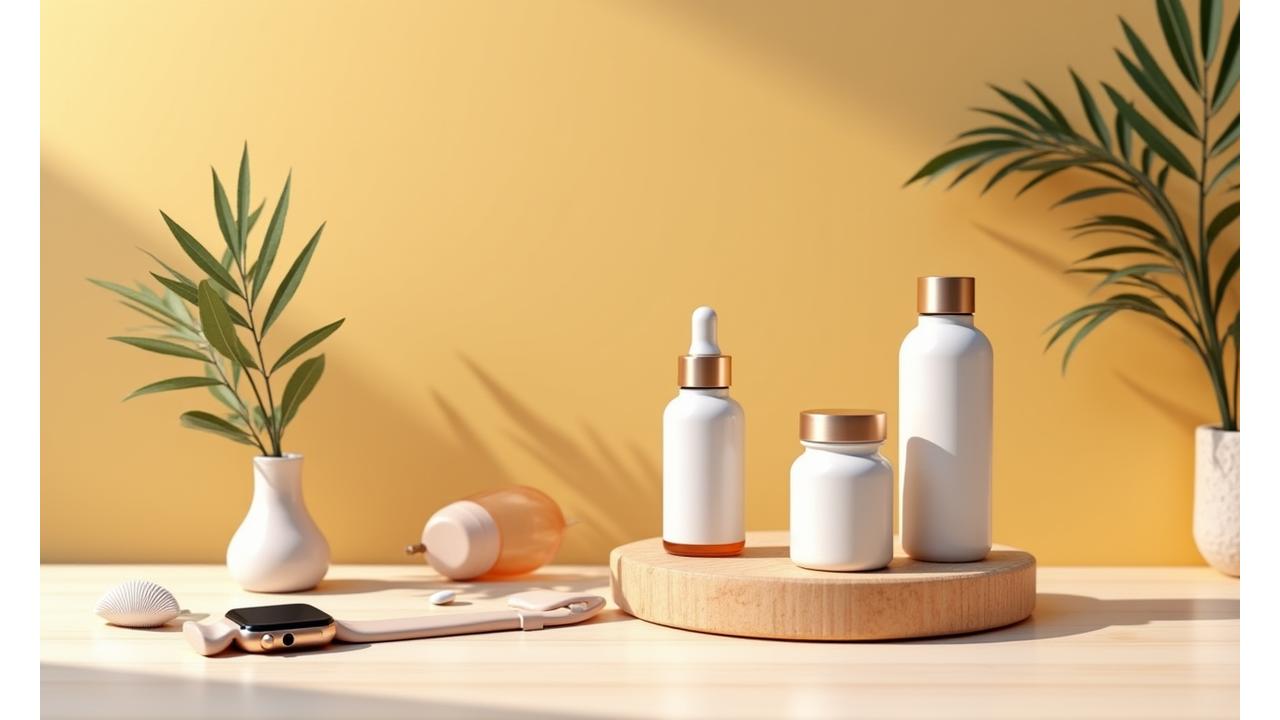 Colecție de produse wellness selectate de experți, aranjate estetic pe o masă minimalistă.