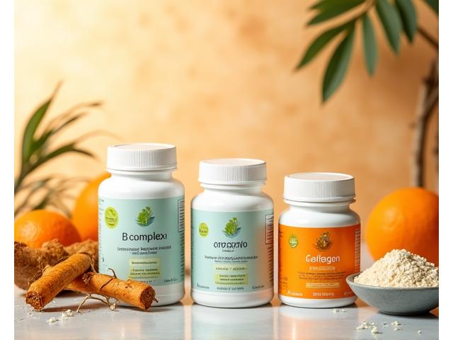 Imagine ce ilustrează suplimente pentru energie și recuperare: B-Complex, CoQ10, Adaptogene, Proteine, Colagen.